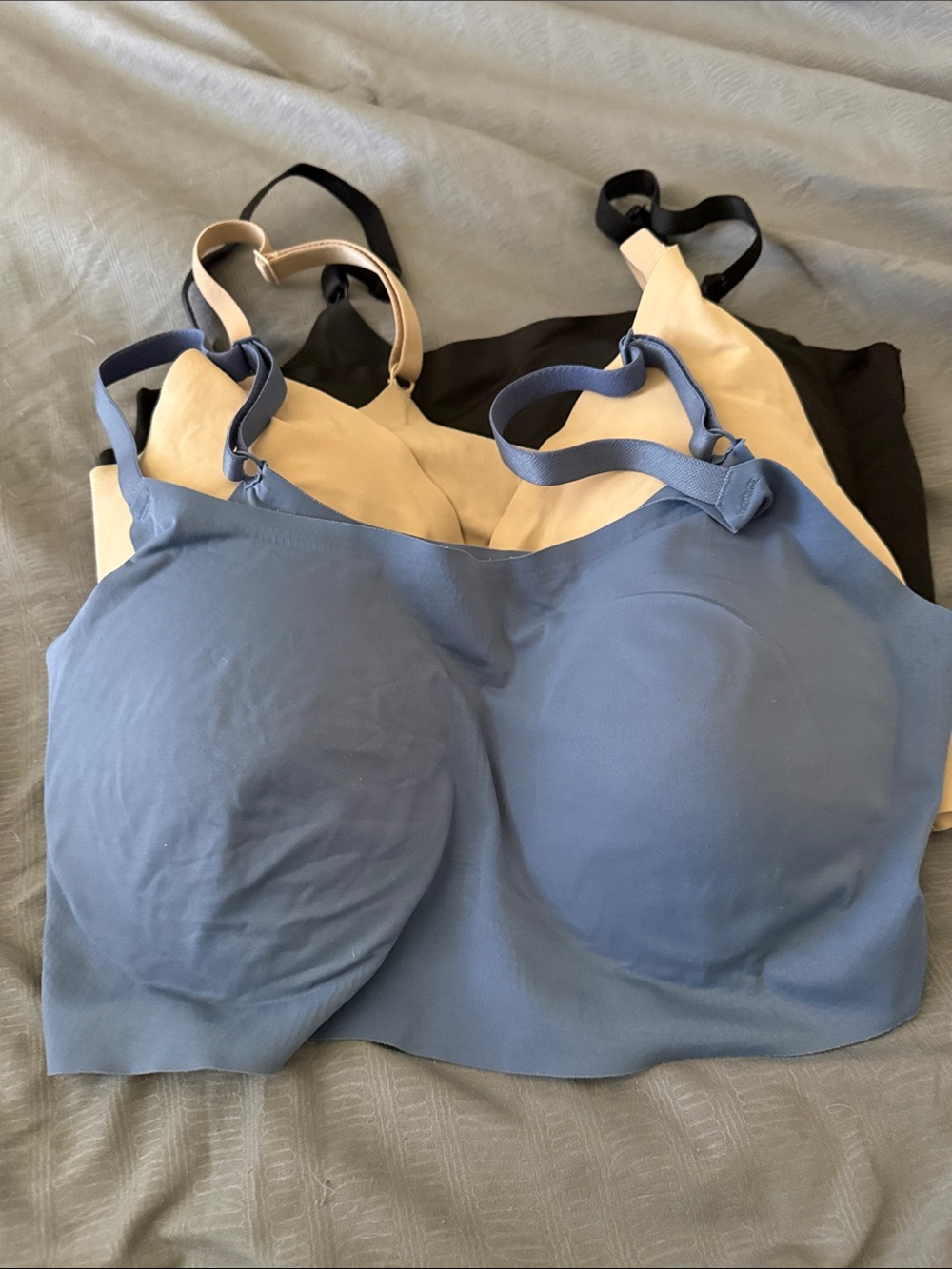 True & Co. Wireless Seamless Bralette Set in Beige, Blue, and Black